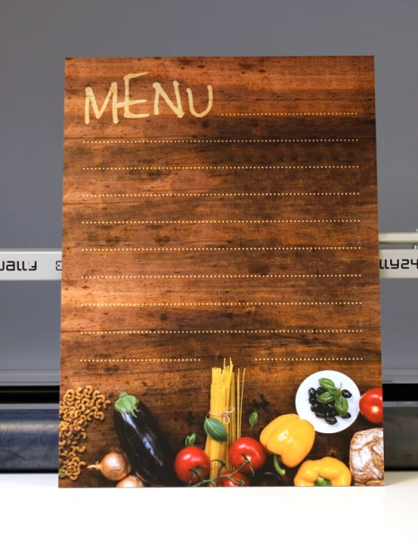 Chalkboard menu 032 - Brown background with food elements at the bottom.