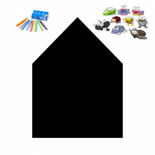 Chalkboard magnetic board for kids in house shape with black background and colorful crayons.