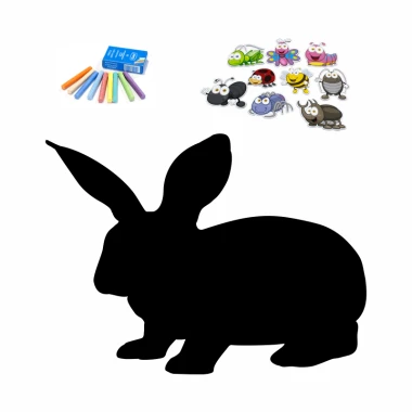 Chalkboard magnetic board for kids featuring a rabbit silhouette with large ears and colorful drawings.