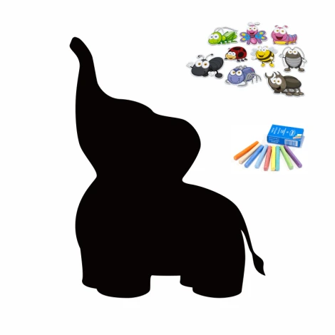 Chalkboard magnetic board for kids featuring an elephant silhouette with colorful insects and crayons.