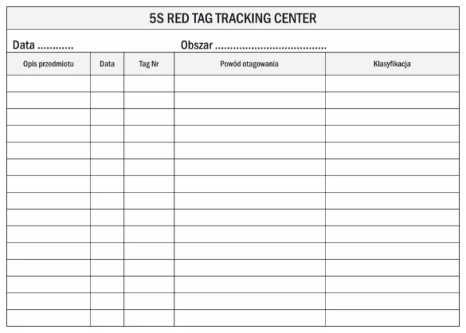 Dry-erase magnetic board Lean 129 5s Red Tag Tracking Center - Graphic design. Simple layout with a table and blanks.