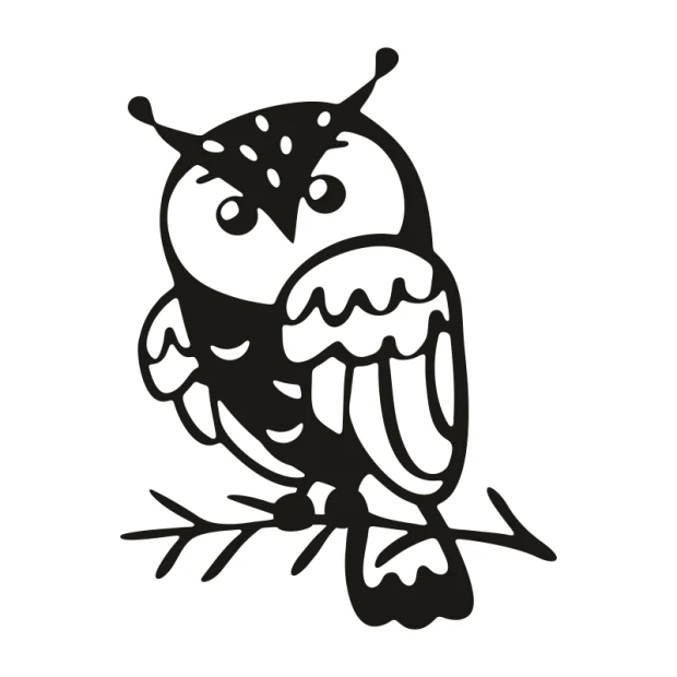 Wall painting template owl 2521 - Graphic design. Owl with large eyes, round body, and detailed feathers.