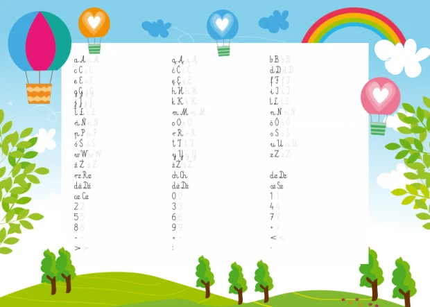 Dry-erase writing board for kids EDU 049 - Features balloons, clouds, trees, and a rainbow against a sky background.