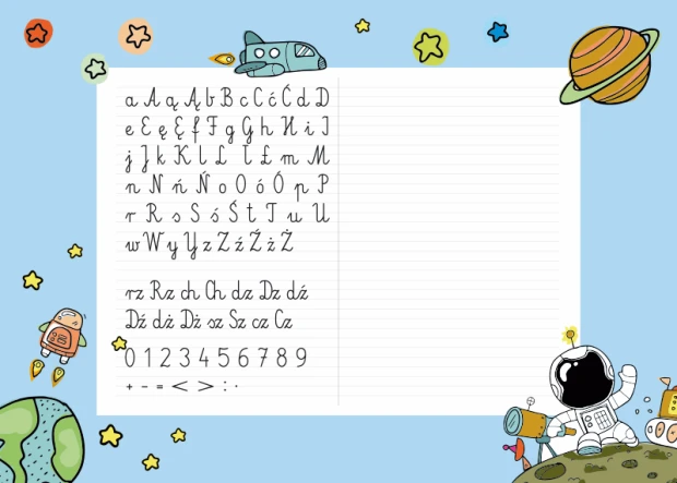 Children\'s dry-erase writing board with a space theme. Features letters on a blue background.