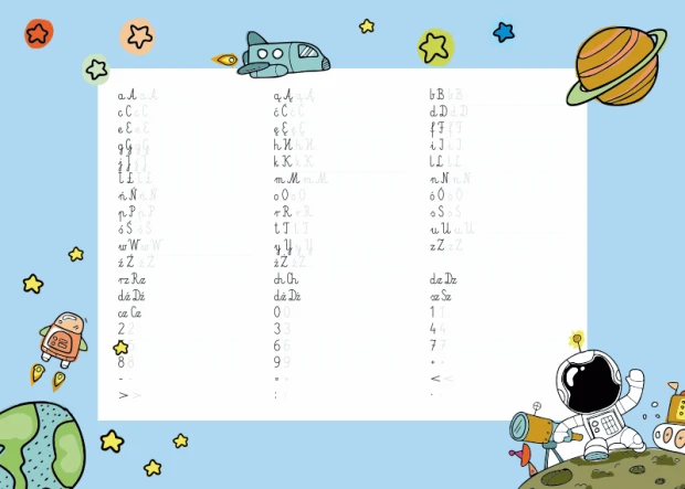 Magnetic dry-erase board for kids, teaching writing with a space theme, featuring a graphic design on a blue background.