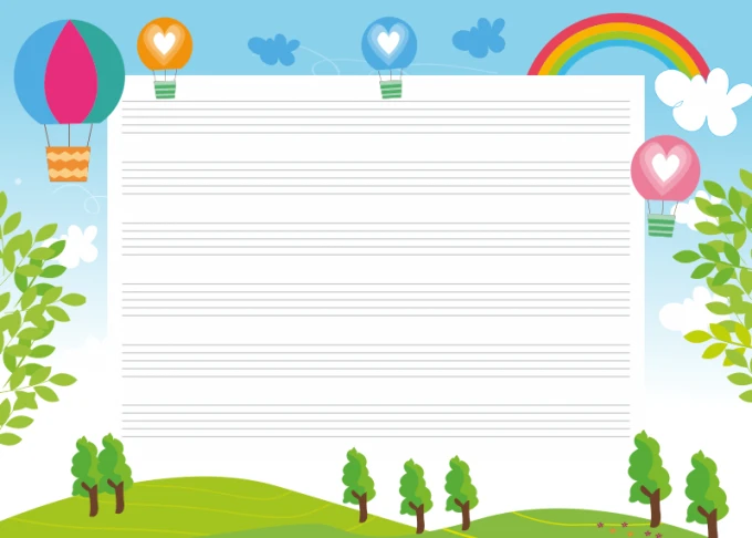 Children\'s dry-erase staff board EDU 046 - Graphic design with balloons floating in the sky and details at the bottom.