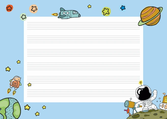 Magnetic dry-erase five-line board for kids, space theme, blue background with graphic design.
