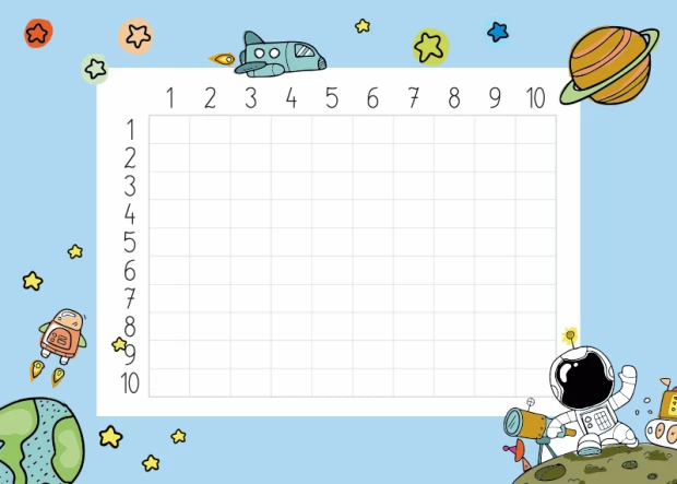 Dry-erase multiplication board for kids, space-themed design with illustrations on a blue background.