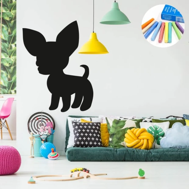 Chalk sticker for kids featuring a dog, perfect for bright children\'s rooms with colorful furniture.