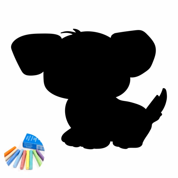 Chalk sticker for kids featuring a dog silhouette with big ears and a tail, alongside colorful chalk pieces.