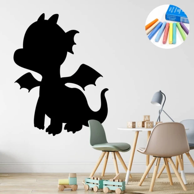 Chalk sticker for kids featuring a dragon, perfect for bright-colored walls and pastel furniture in a child\'s room.
