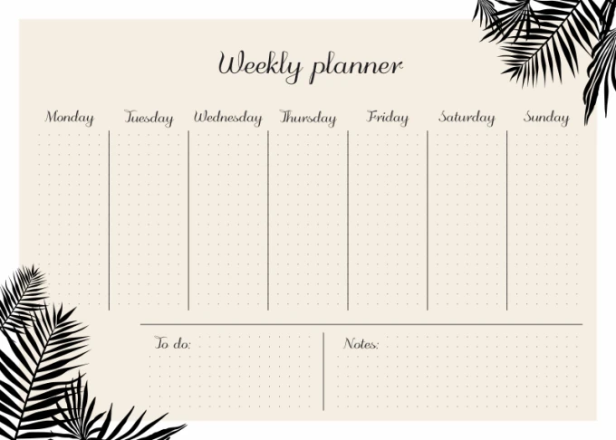 Magnetic dry-erase weekly planner 468 - Graphic design with a light background, black lines and text, featuring leaves.