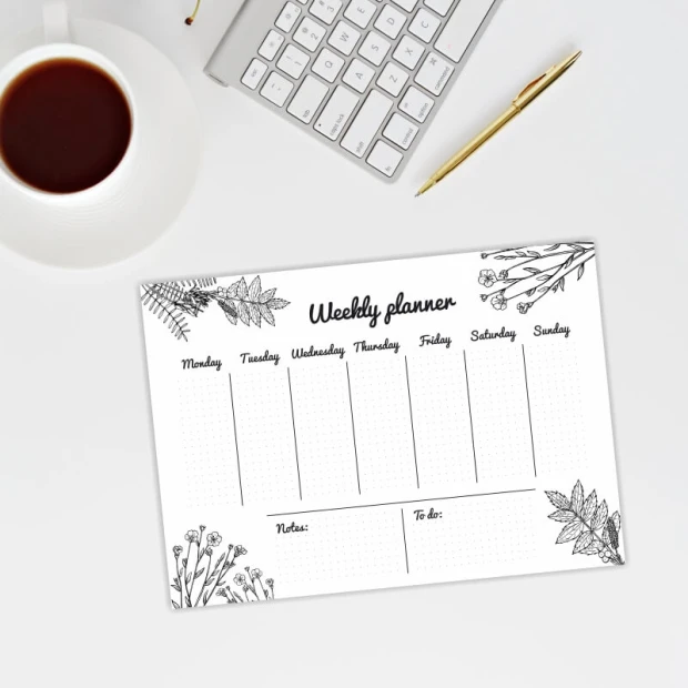 Magnetic dry-erase board Weekly planner 470 - Simple design with days of the week and plants.