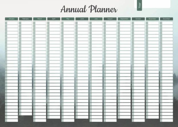 Annual planner dry-erase board 467 - Graphic design with a simple grid, month names, and blank fields for notes.