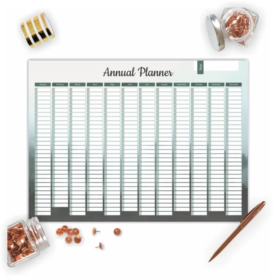 Dry-erase board Annual planner 467 - Graphic design. Simple grid with month names and columns for notes.
