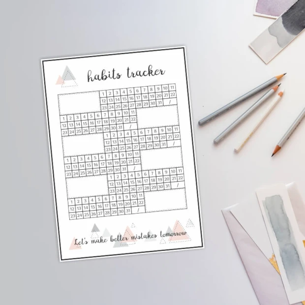 Dry-erase habits tracker board 464 - Features a grid with day numbers and text in the corners.