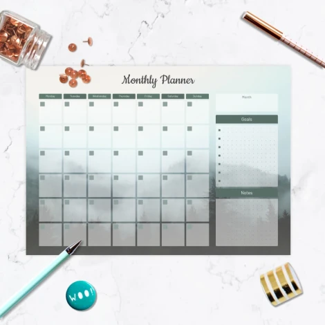 Monthly planner dry-erase board 466 - Simple grid with days of the week and sections for goals.