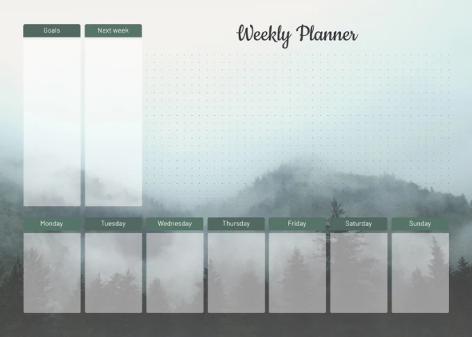Weekly planner dry-erase board 465 - Graphic design featuring a grid with spaces for the days of the week.