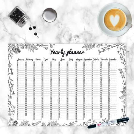 Yearly planner dry-erase board 472 - Graphic design with black month names and plants on a white background.