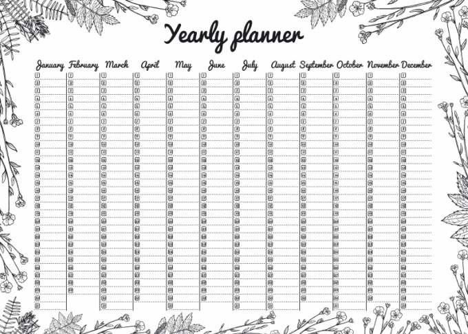 Yearly planner dry-erase board 472 - Features a calendar with months and floral motifs.
