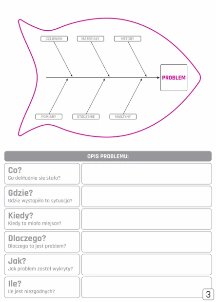 Ishikawa diagram with problem description, lean dry-erase board 133 - graphic design. Fish shape with descriptive elements.