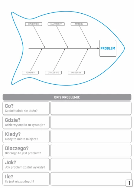 Ishikawa diagram with problem description, magnetic whiteboard lean 133 - graphic design. Fish shape with categories.