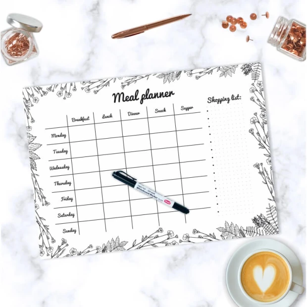 Magnetic dry-erase meal planner 476 with plant illustrations and a table on a white background.