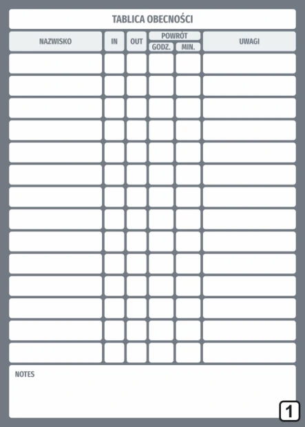 Magnetic dry-erase attendance board lean 131 - Simple table with headers and blank fields.
