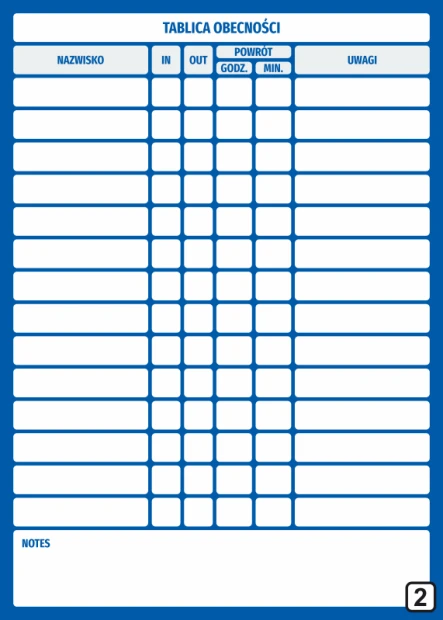Magnetic dry-erase attendance board lean 131 - Graphic design with a simple grid of columns and rows, in color.