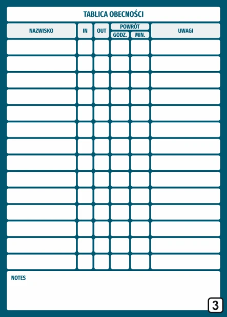 Magnetic dry-erase attendance board lean 131 - Graphic design. Simple grid with fields for data, in color.