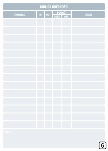 Dry-erase attendance board lean 131 - Graphic design. Rectangular grid with columns for data and space for notes.