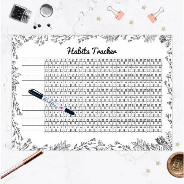 Habits tracker dry-erase board 478 - Simple grid with marking fields on a white background, surrounded by a graphic design.