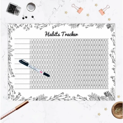 Habits tracker dry-erase board 478 - Simple grid with marking fields on a white background, surrounded by a graphic design.