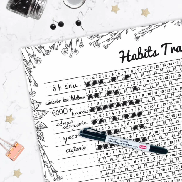 Habits tracker dry-erase board 478 - Minimalist design with grid, squares, and text.