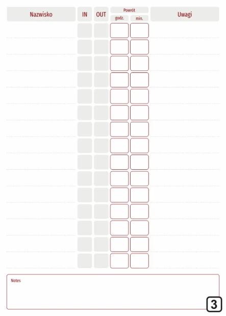 Dry-erase board lean attendance list 132 - Graphic design. Grid with columns and rows, space for notes.