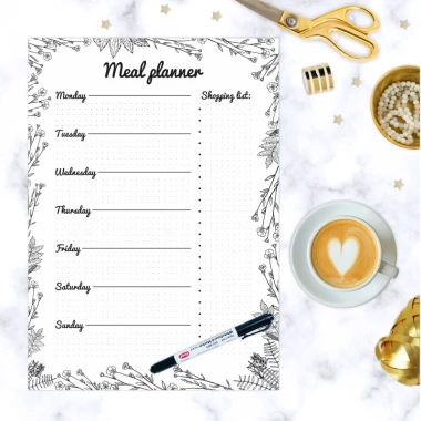 Meal planner dry-erase board 475 - Graphic design with black print on a white background, featuring spaces for days and a list.