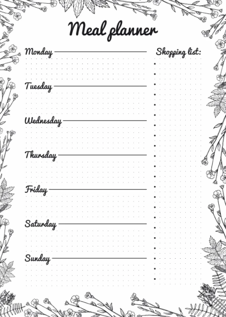 Dry-erase meal planner board 475 - Graphic design with black lines and floral elements on a white background.