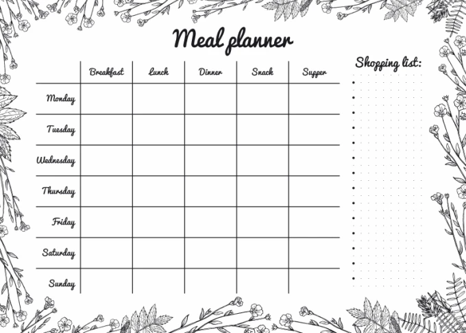 Dry-erase meal planner board 476 - Floral design around the weekly schedule table.
