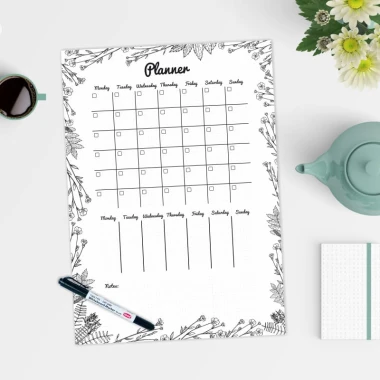 Dry-erase planner board 477 - Graphic design featuring a calendar with squares and plant motifs.