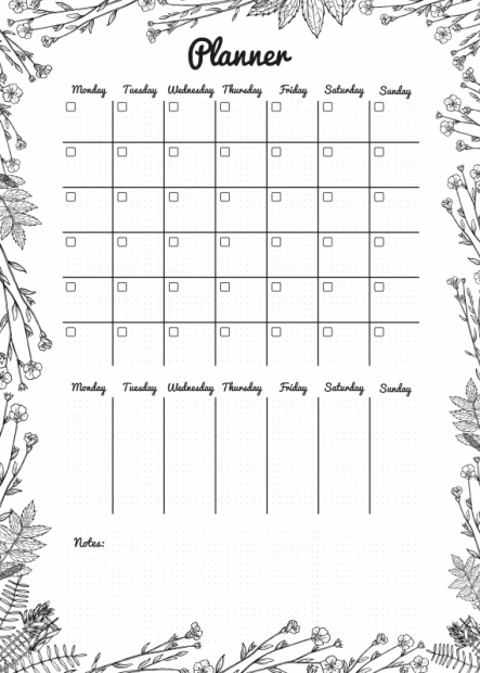 Dry-erase planner board 477 - Graphic design with a simple layout of squares and lines, surrounded by plant drawings.