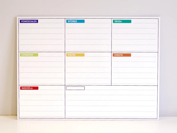 Magnetic dry-erase weekly planner board - Graphic design with a simple grid and days of the week.