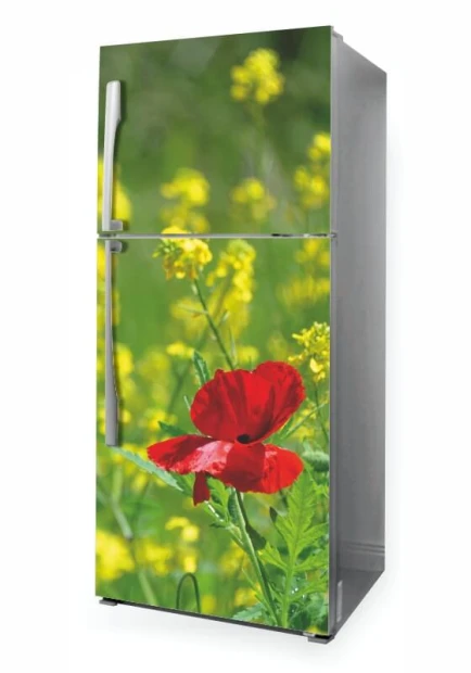 Fridge wrap sticker P1116 - Graphic design featuring red poppies on a background of green plants and yellow flowers.