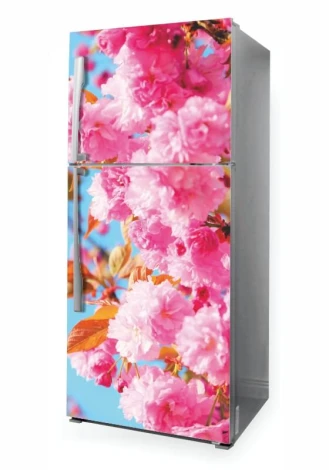 Fridge wrap sticker P1120 - Floral design with pink flowers on a blue background and green leaves.