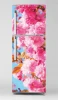 Fridge wrap sticker P1120 - Graphic design with pink flowers on a blue background and brown leaves.