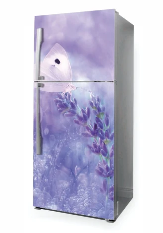 Butterfly fridge sticker, lavender P1109 - Graphic design featuring a butterfly against a lavender background in purple and blue shades.