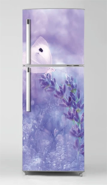 Butterfly fridge sticker, lavender P1109 - Graphic design featuring a butterfly against a lavender background in purple and white shades.
