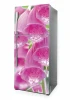 Fridge wrap sticker P1114 - Floral design with pink bells and white details on a green background.