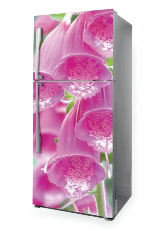 Fridge wrap sticker P1114 - Floral design with pink bells and white details on a green background.