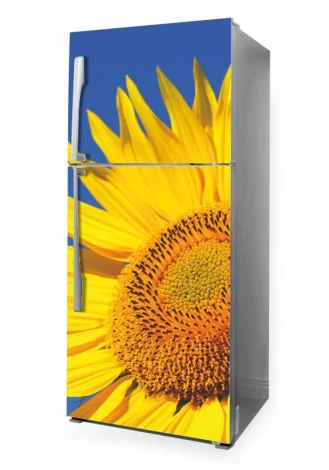Fridge wrap sticker P1117 - Graphic design. Yellow sunflower on a blue background with clear petals and center.