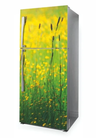 Refrigerator wrap sticker P1108 - Graphic design. Green grass with yellow flowers on a background.